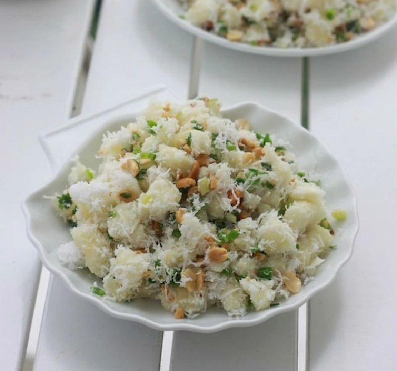 quy trình làm khoai mì quết mỡ hành