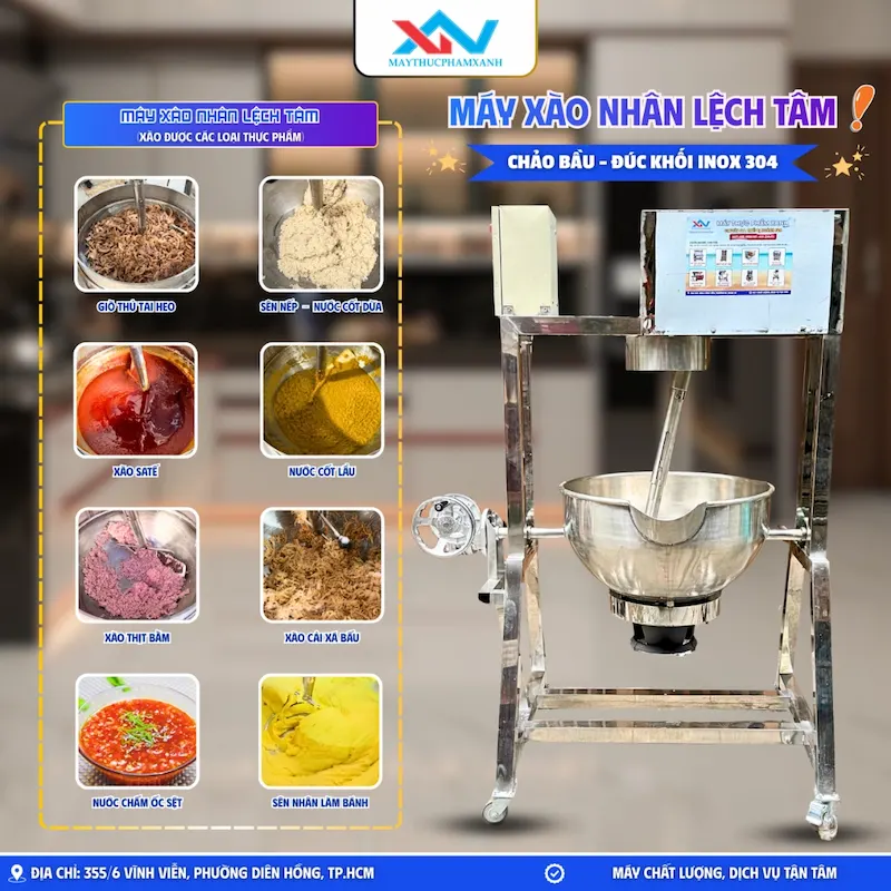 Nấu xôi nếp bằng chảo xào nhân lệch tâm lật nghiêng để trộn gia vị đều với xôi